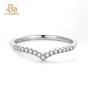 Delzzad 0.2ct V Ring Band Round Synthetic Moissanite S925 Ring Jewelry Perfect Birthday Anniversary Wedding Christmas Gift