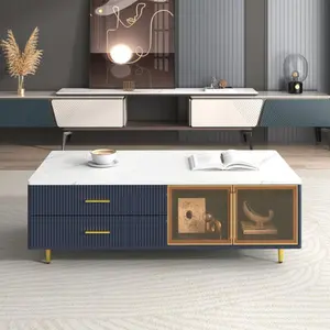 【Bellemave】ti-Color Lighting in 47.2''  ！  0/100  : 589  Modern Navy Blue Coffee Table with 2 Glass Door Storage, 4 Drawers, Gold Metal Legs, and Multi-Color Lighting in 47.2
