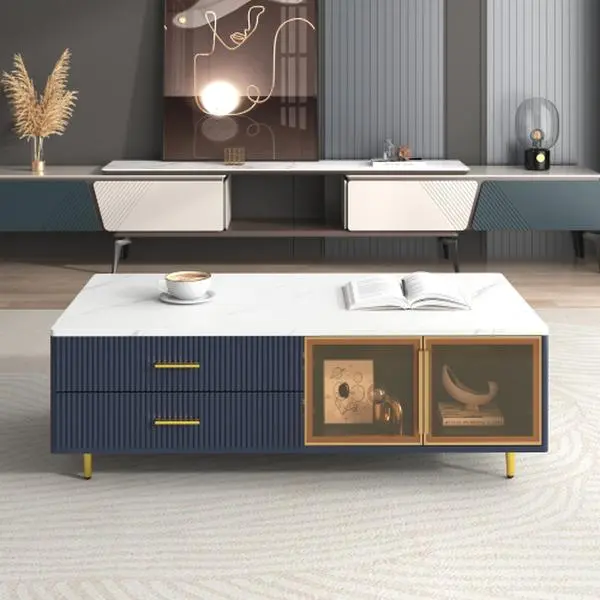 【Bellemave】ti-Color Lighting in 47.2''  ！  0/100  : 589  Modern Navy Blue Coffee Table with 2 Glass Door Storage, 4 Drawers, Gold Metal Legs, and Multi-Color Lighting in 47.2
