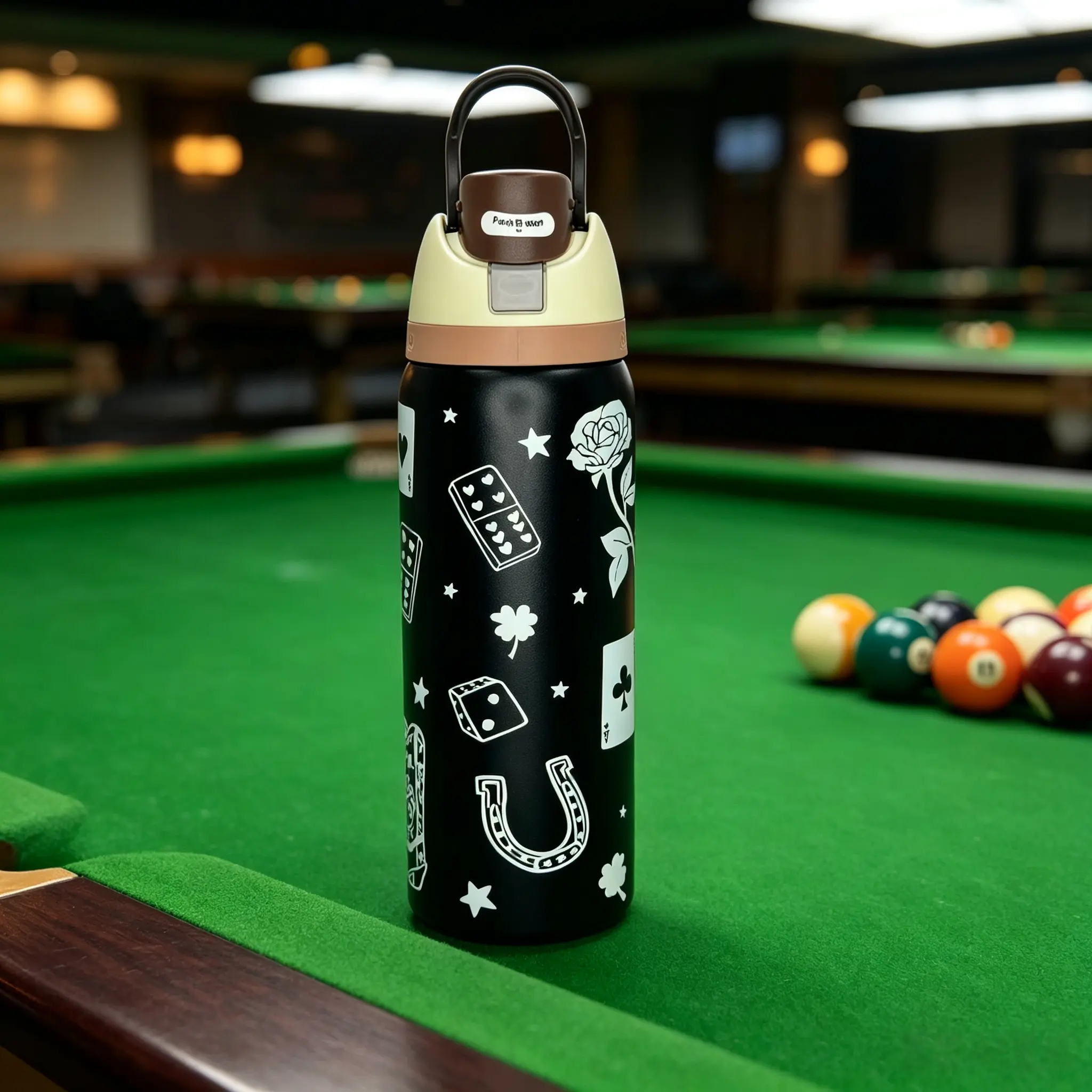 Owala 32oz Black Tumbler with White Roses & Dice, Leak-Proof Insulated Vacuum Flask, Built-In Straw, Portable Drinkware for Teens, 24hr Cold Retention, Stylish Kitchenware