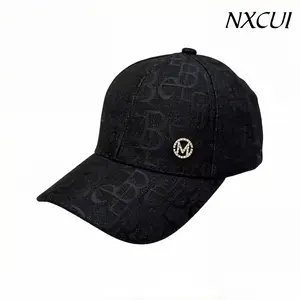 NXCUI Monogram Jacquard Baseball Cap, Luxury Black Casual Hat with Gold Emblem, Adjustable Structured Dad Hat for Men Women