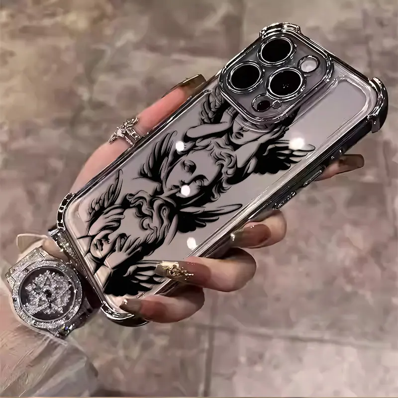 Black Angel Cupid God of Love Sacred Pattern Creative Design Exquisite Electroplating TPU Shell Suitable For Samsung IPhone 17-11 PRO PLUS MAX AIR Four-corner Drop-proof Transparent Casual Soft Silicone Mobile Phone Case L340 Aesthetic Protective