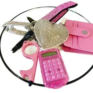 Women's Elegant Rhinestone Decor Keychain Set with Pink Heart Charm ID Wallet Wristband & Calculator Fashion Accessories for Women & Girls Casual Everyday Use