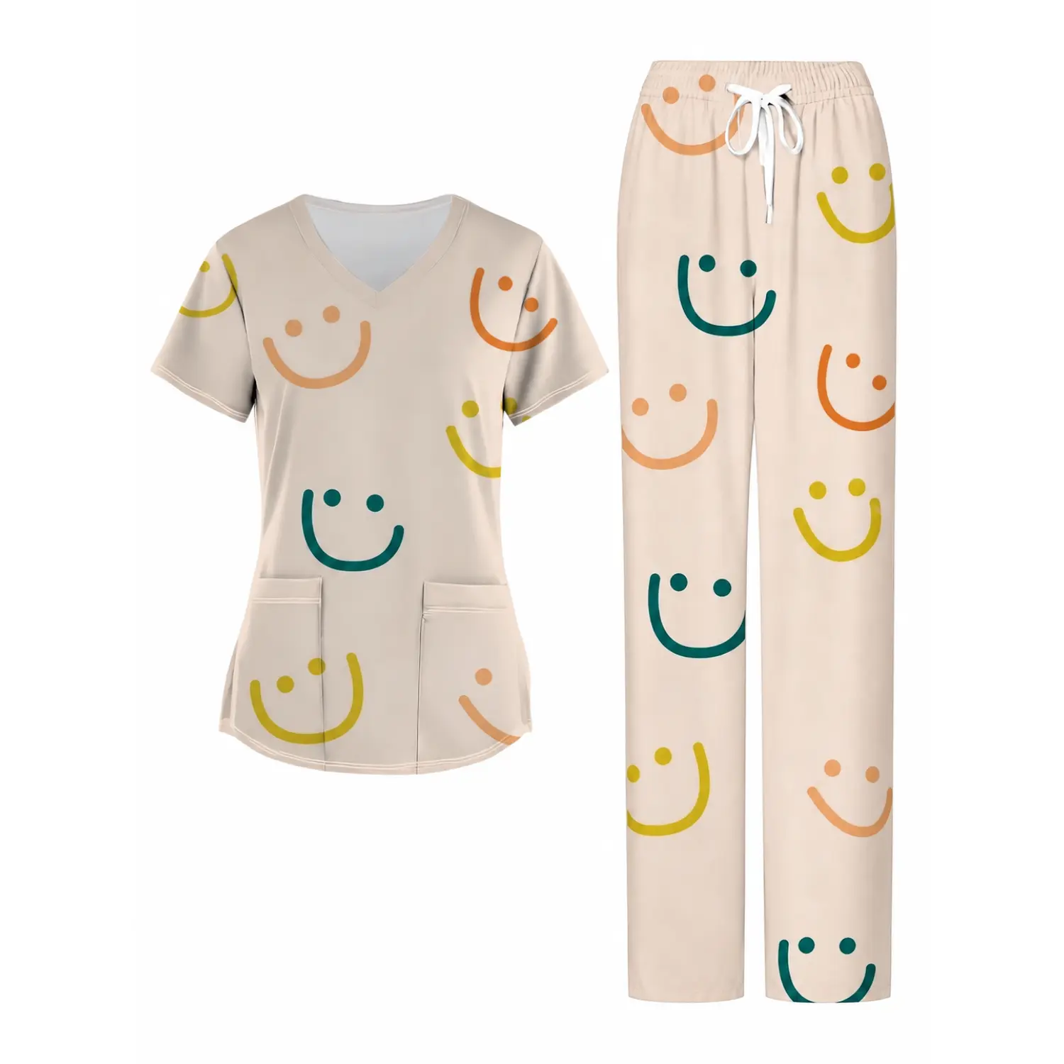 Beige Smiley Print V-Neck Short Sleeve Top & Elastic Drawstring Pants Nurse Scrub Set – Medical Workwear for Healthcare Professionals