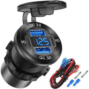 Upgraded 4 Port 12V USB Outlet Aluminum Charger 78W Dual PD & QC Multiple USB Port for Car, USB C Cigarette Lighter Replacement 12V Socket with Voltmeter Waterproof for Marine Boat Motorcycle RV
