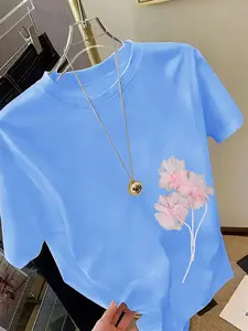 Women's Creative Iron-On Print Geometric Comfortable Casual Slight Stretch Fitted T-Shirt, Stylish Everyday Wear, Perfect for Summer