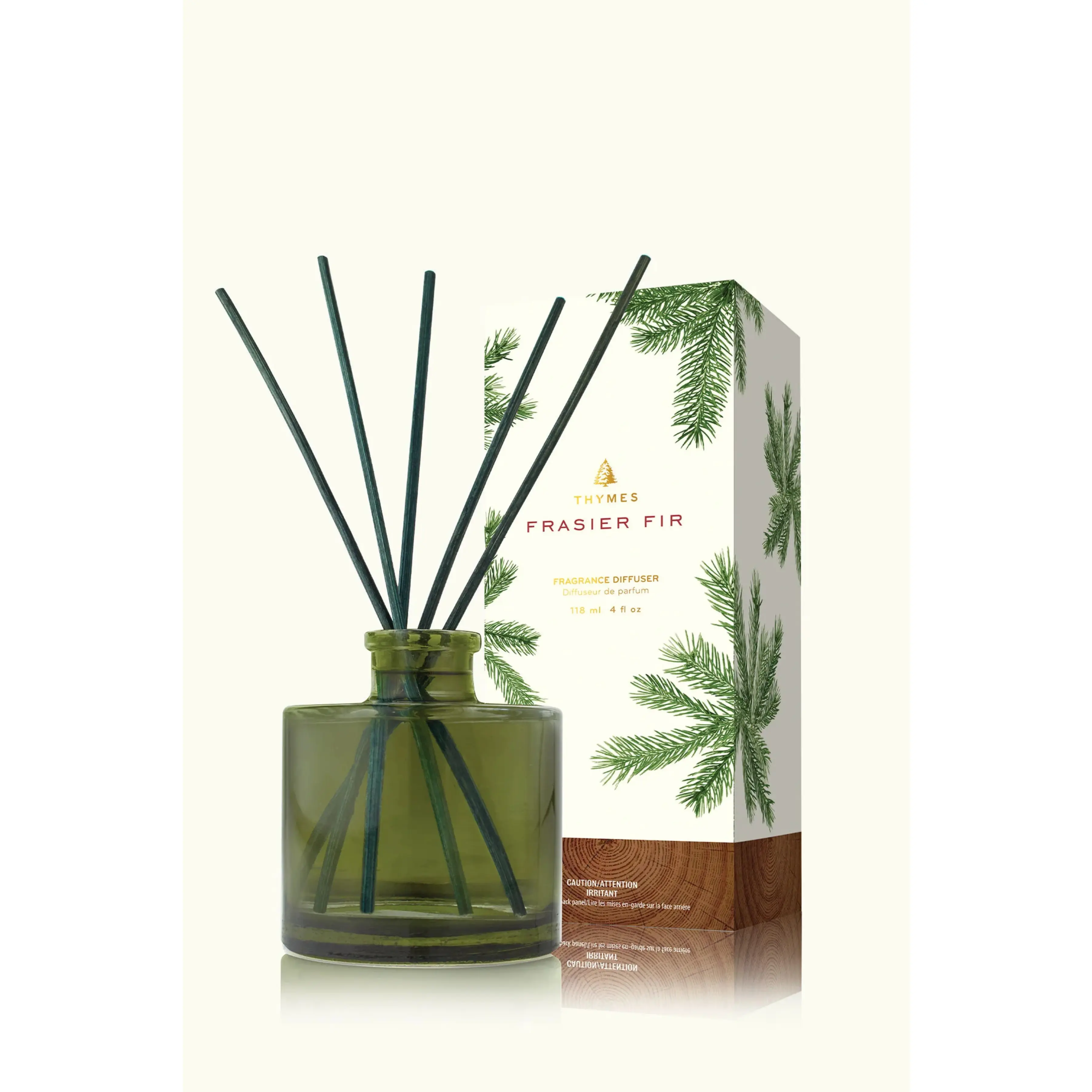 THYMES Frasier Fir Petite Decorative Vessel Scented Reed Diffuser - 4 fl oz Warm Home Fragrance with Siberian Fir Needles, Basic Single Unit No Extra Accessories for Home Care, Glass Vessel