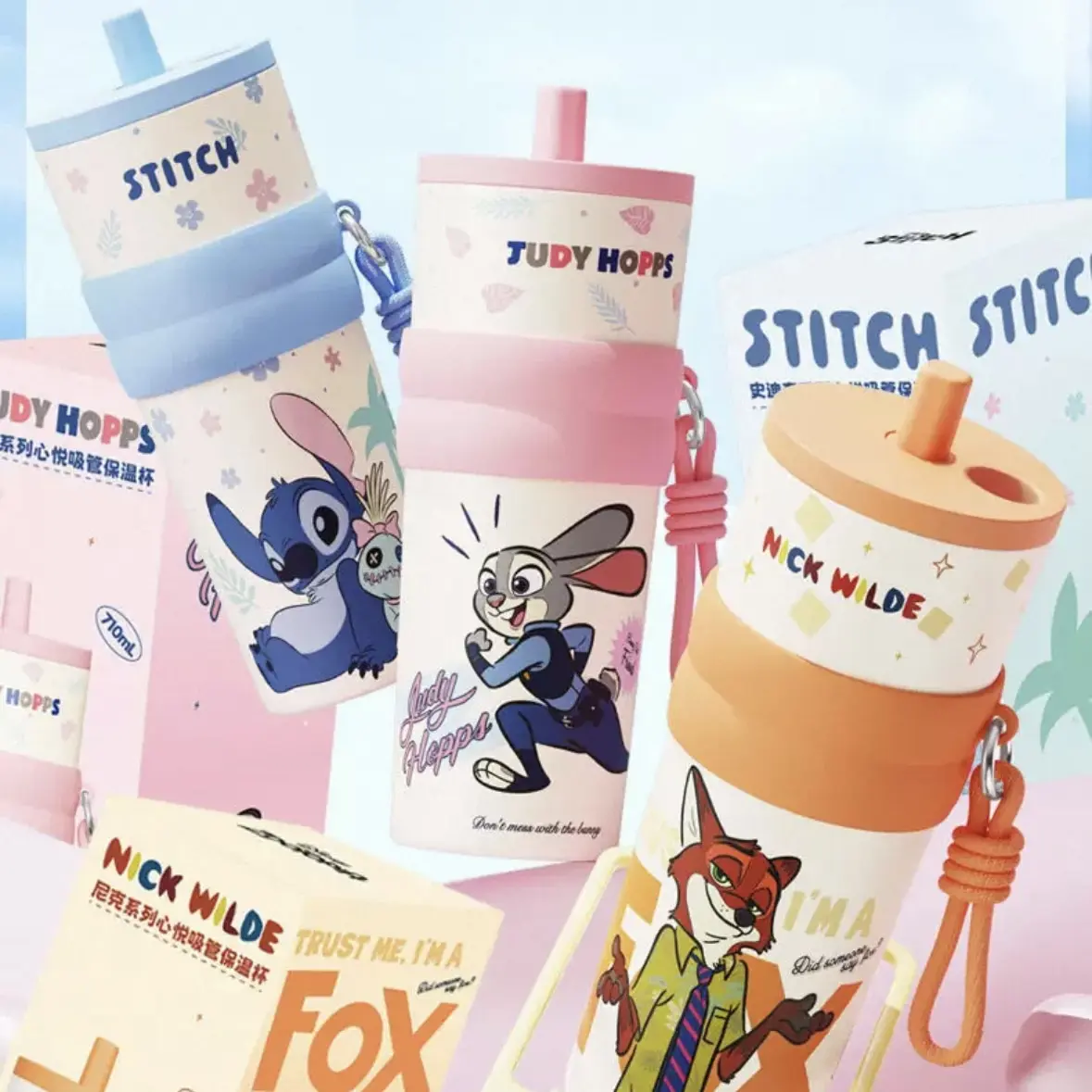 Disney Series Heartwarming Straw Thermal Cup – 720ml (24oz) Insulated Drinkware for Hot & Cold Beverages, Featuring Judy Hopps, Nick Wilde, and Stitch Valentine Gift for Girlfriends