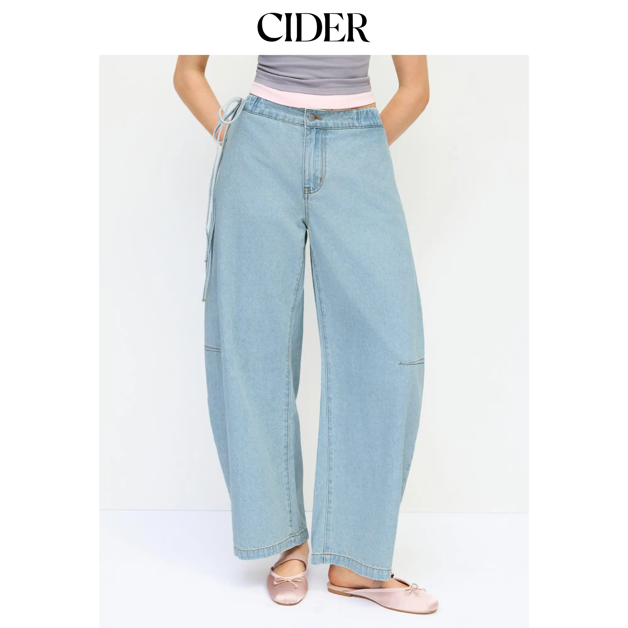 Cider Women's Basic Lady Barrel Jeans - Mid Rise Regular Fit Denim Pants with Side Strap, Pocket, Button Closure, Hem Detail