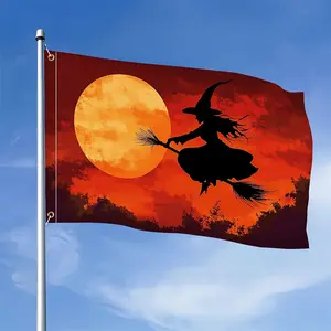 Witch Riding a Broomstick Banner - Made of durable polyester, this banner features vibrant Halloween-themed designs including a full moon and autumn foliage, perfect for outdoor decorations, party and event setups, and as an event accessory |   Halloween