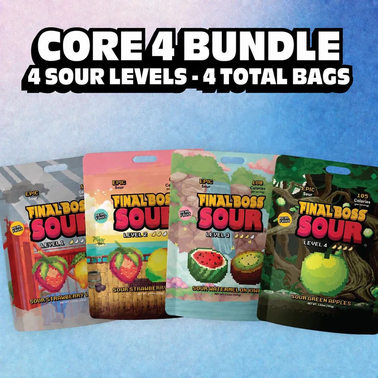 Final Boss Sour - Core 4 Bundle (4-Pack) Sour Dried Fruit - Ultimate Final Boss Sour Experience With Lemonade, Mango, Kiwi & Green Apple Flavors