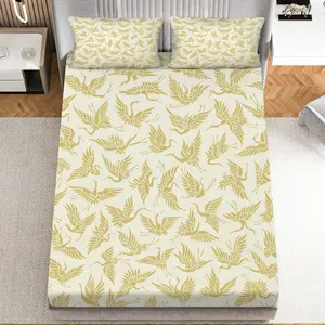3Pcs Crane Elegant Classic Fitted sheet Three Piece Set (1*Fitted Sheet+2*Pillowcases, Coreless), Holiday theme, Elegant Birds Bedding Set, Mattress protector Soft, Breathable