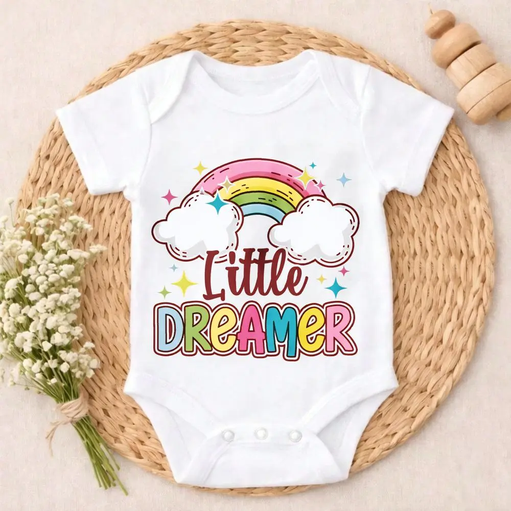 Unisex 100% Cotton Short-Sleeve "Little Dreamer" Baby Bodysuit - Rainbow Cloud Print Romper, Soft Breathable, Easy Dressing & Diaper Changes Snaps, Machine Washable, Valentine Gift for Infants (6M)