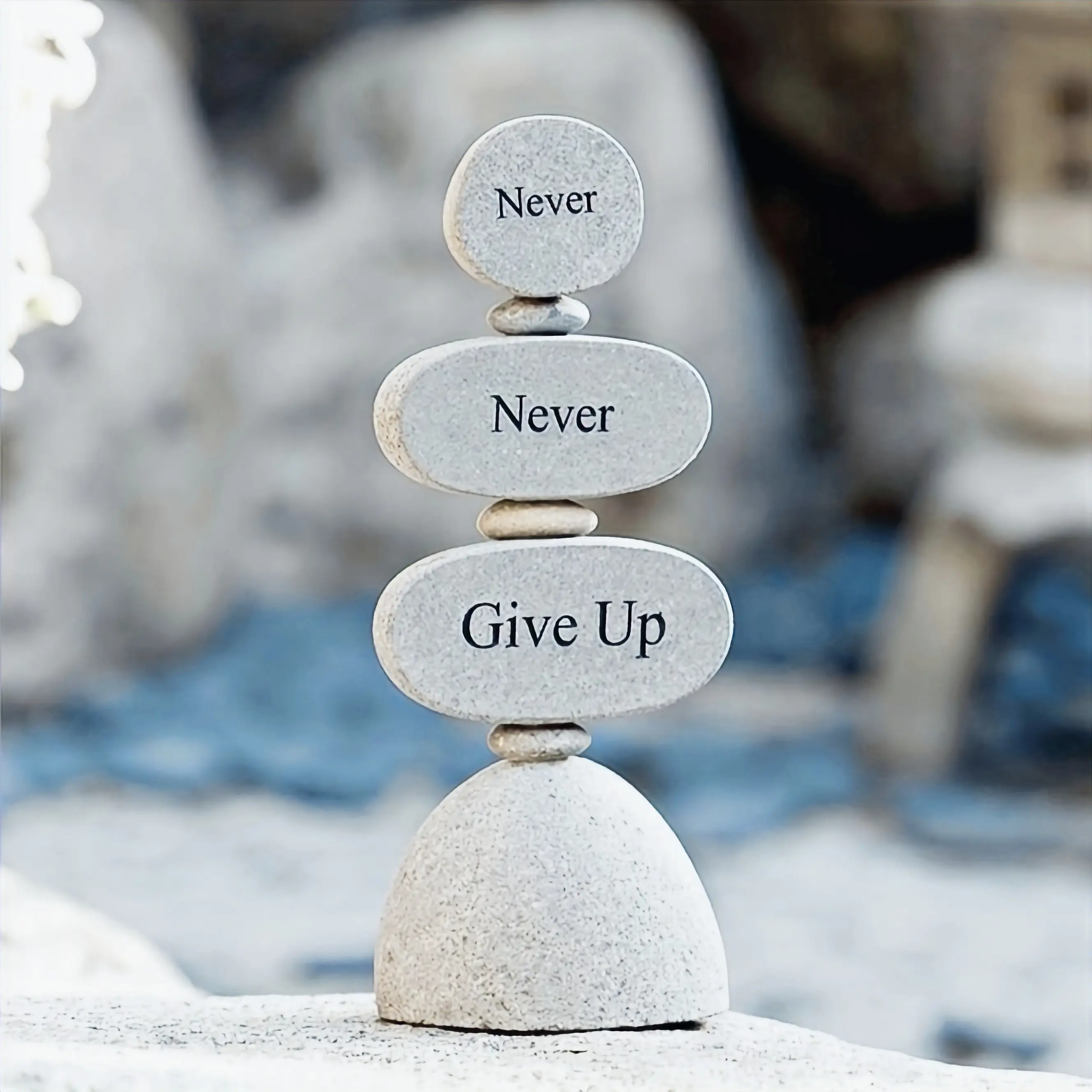 Never Never Give Up Engraved Rock Cairn Sculpture