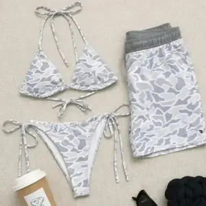 Grey Camo Matching Couple Swimsuits Set, BF and GF Matching Swimsuits, BF and GF Swimsuits, Camo Bikini Set for Women, Summer Beach Vacation Outfit, Matching Duck Camo Swimwear Set for Couples, Couple Trendy Camo Bikini And Short