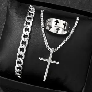 Silver Cross Jewelry Set for Men, Cuban Link Bracelet Cross Pendant Necklace Ring