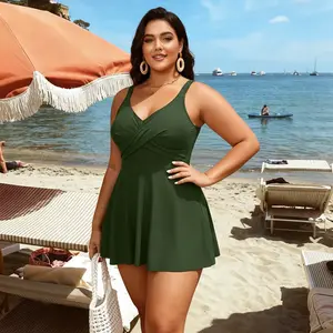 Plus Size Swim Dress |       Green Crisscross Wrap Front Flared Skirt Swimwear