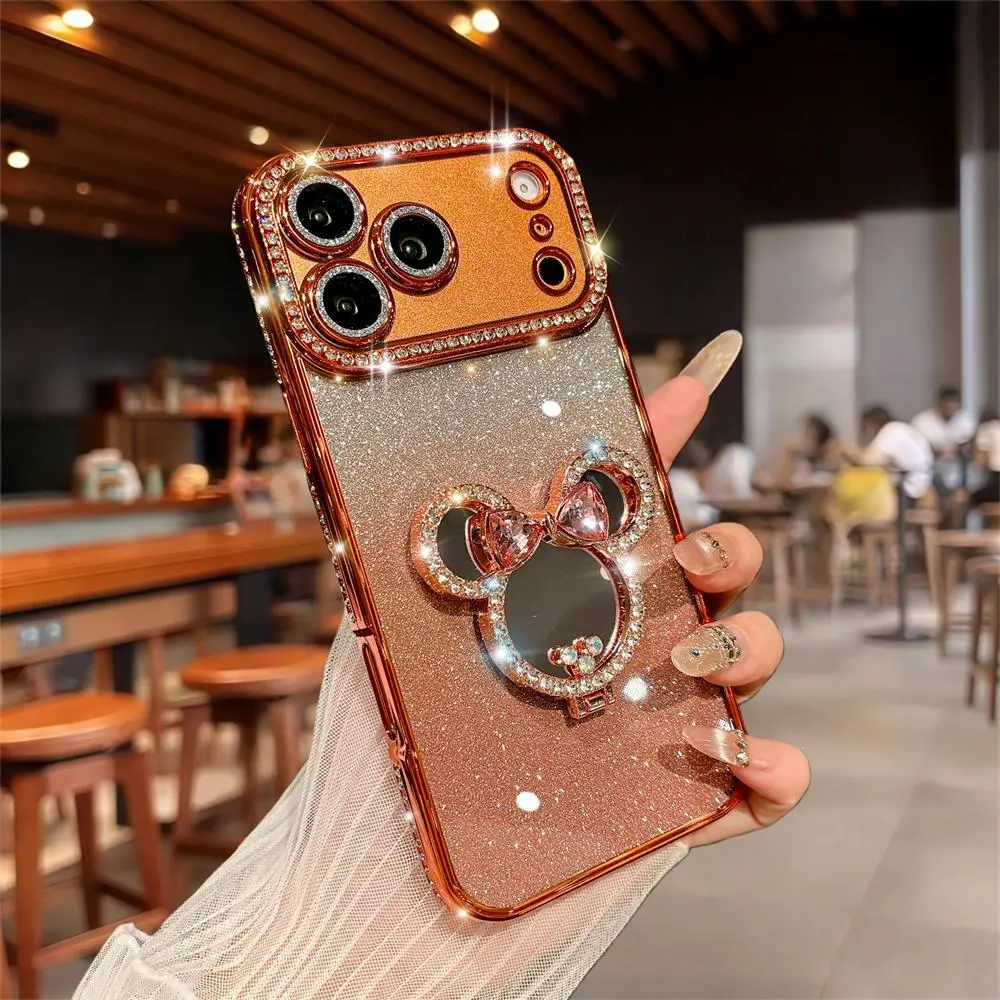 Luxury Flash Diamond Mirror 360 Rotating Stand Phone Case for iPhone 17 Pro Max 16 pro max Anti drop lens protection TPU soft shell Cellphone Smartphone Screen Protector Casing summerwins