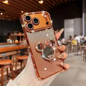 Luxury Flash Diamond Mirror 360 Rotating Stand Phone Case for iPhone 17 Pro Max 16 pro max Anti drop lens protection TPU soft shell Cellphone Smartphone Screen Protector Casing