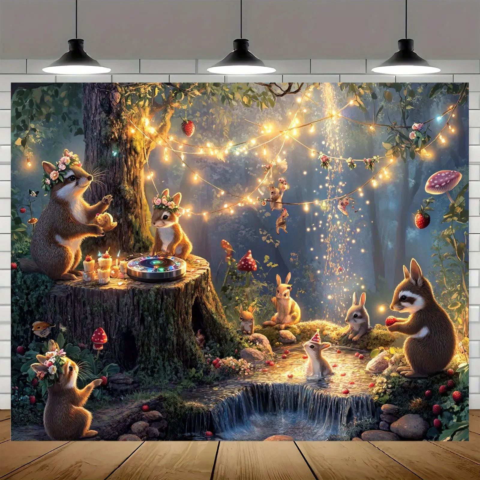 1pc Magical Animal Gathering Party Banner - Enchanted Forest Scene with Fox, Rabbit & Mushrooms, Polyester Photography Backdrop for Photo Shoots, Cool Decor for All Seasons, Party Photo Backdrop | Enchanting Forest Design Ornaments Decoration