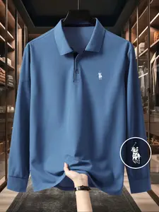 Men's Fitted Solid Color Long Sleeve Polo Shirt, High-End Fashion Fabric, Casual Geometric Print, All Seasons Wear, Golf Outdoor Sports