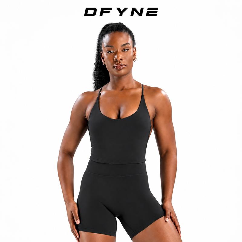 DFYNE Women's Seamless 2-Piece Workout Set - Padded Halter Criss Cross Backless Sports Bra, Quick Dry Breathable Fitness Yoga Wear, Flattering Open Back Athletic Activewear for Yoga & Running