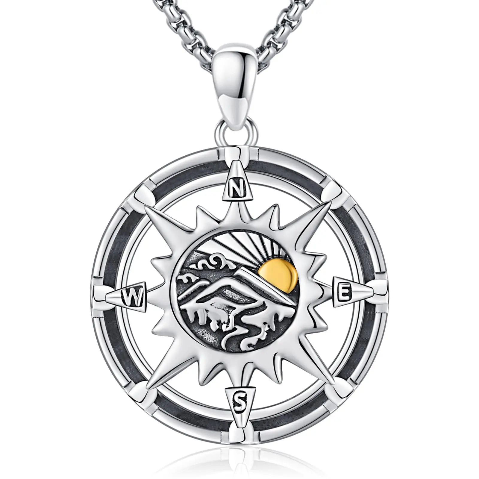 DRINSPER 925 Stamped Anti-Tarnishing Decorative Silver Tone Metal Chain Necklace, 925 Sterling Silver Compass New Beginnings Pendant, Adventure Outdoor Exploration Jewelry Accessory, 925 Stamped Silver Necklaces & Pendants, Anti-Tarnishing Silver Necklace