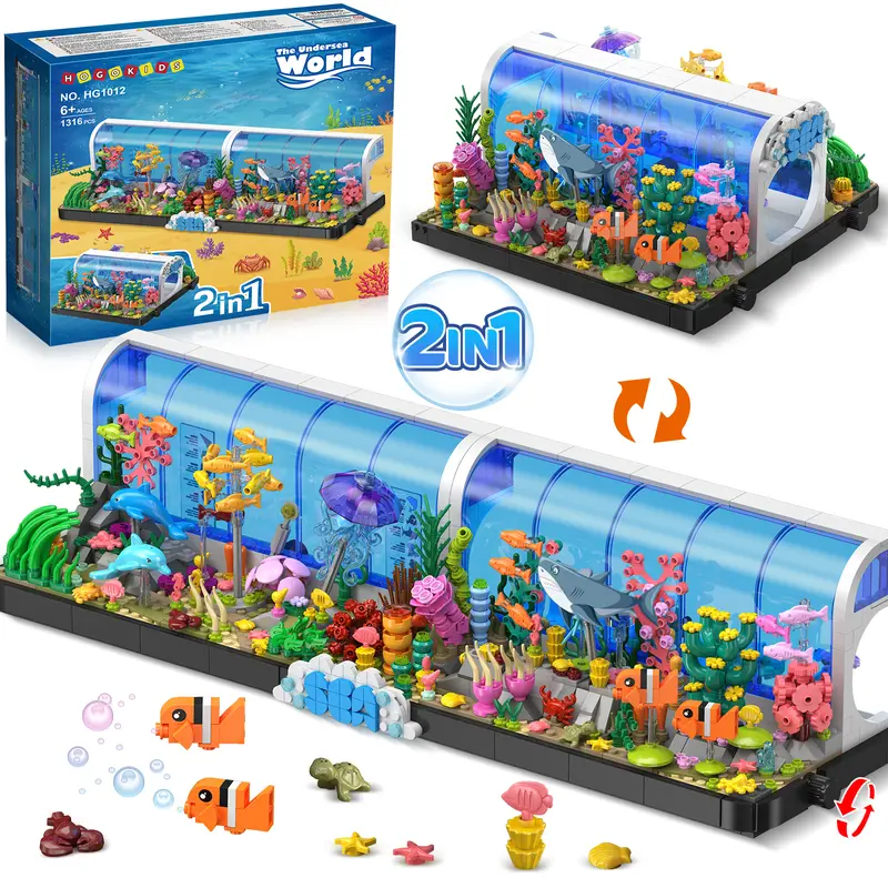 HOGOKIDS Aquarium Building Set 2 Styles Oceanarium Toy with Dolphins, Sharks, Crabs, Turtles, Clownfish, Marine Life, 1316PCS Undersea World Magnetic Blocks for Ages 6-12