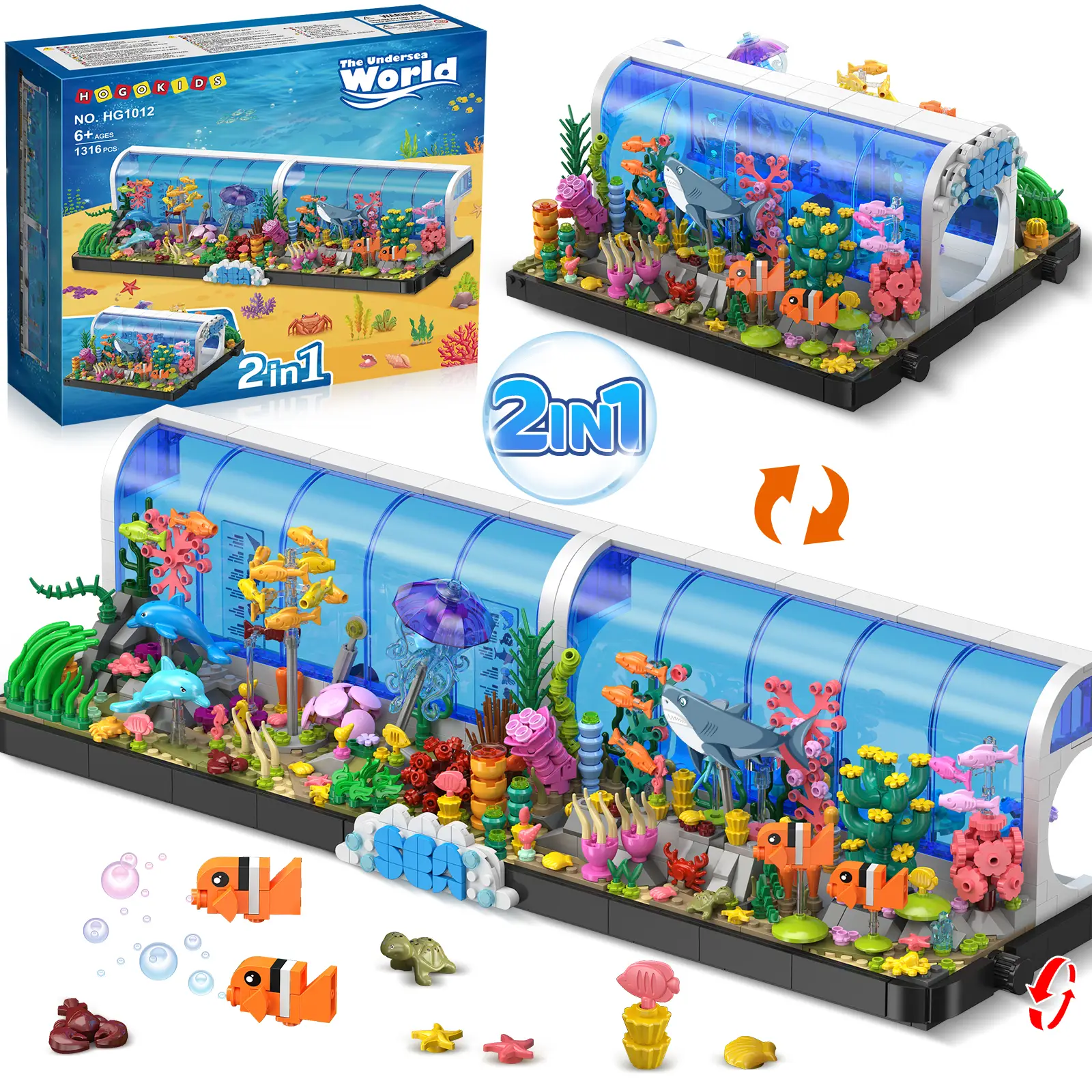 Hogokids Aquarium Building Set - 2 Styles Oceanarium Building Toy with Dolphins, Sharks, Crabs, Jellyfish, Seaweed,Aquatic Play, More for Ages 6-12(13