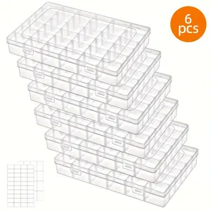 Clear Plastic Organizer 6pcs with 36 Grids - Includes Removable Dividers, Label Stickers for Beads, Art, Crafts, Jewelry, and Fishing Tackle