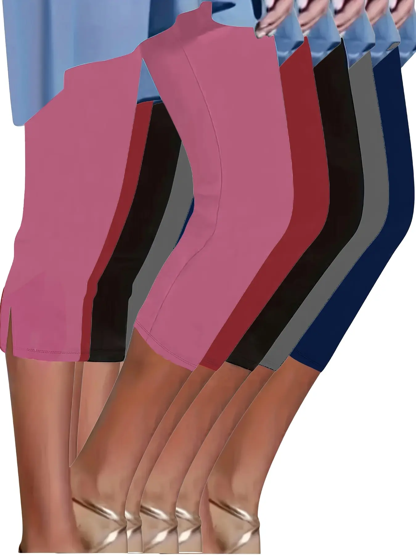 Women's 5-Pack Capri Leggings, Summer Comfortable Lightweight Breathable Sports Bottoms with Elastic Waistband, Side Slits, Tapered Leg, Solid Color, Versatile Casual Base Layer, Basic