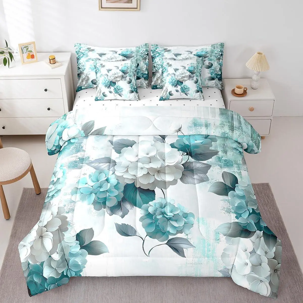 7-Piece Chic Floral Bedding Women Hydrangea Flower Comforter Set,Teal Ombre Bedding Comforter Sets Gradient Oil Painting Bed in a Bag,Vintage Watercolor Bedding