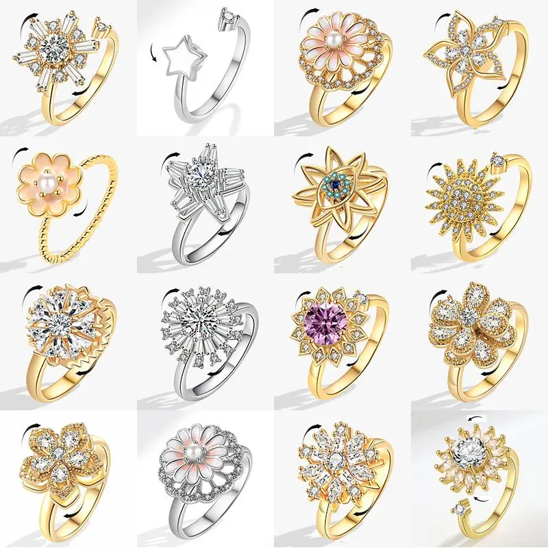 SMJEL Luxury Crystal Anxiety Relief Spinning Fidget Rings for Women Cute Sakura Daisy Rose Flower Rotating Ring Anti Stress Gift