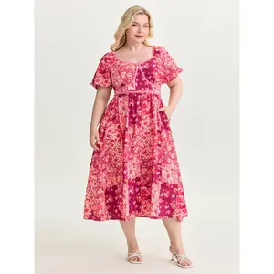 BLOOMCHIC Women's Plus Size Casual Polyester-Spandex Floral Print Dress - Bust-Defining Fit Fabric