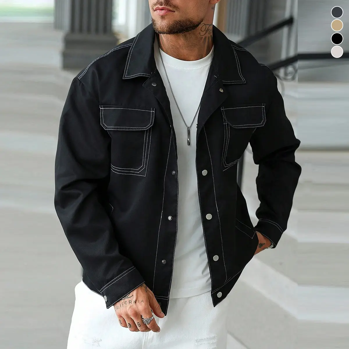 Men's stylish lapel jacket, windproof and abrasion-resistant on the surface, featuring visible stitching design, suitable for daily casual wear, outdoor sports, travel check-ins, and ideal for spring and summer seasons.