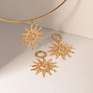 Sun Jewelry Set, Gold Color Stainless Steel Spiral Circle Sunflower Design Choker Necklace Earrings for Women