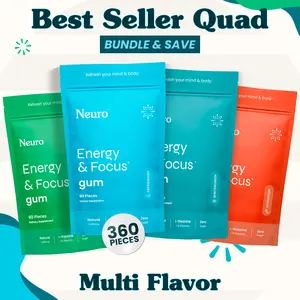 Best Seller Quad - Energy & Focus Caffeine Gum - Multi Flavor (4-Bulk Pouches)