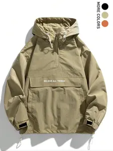 Men's Letter Print Drawstring Pocket Half Zipper Hooded Jacket, Regular Fit Casual Long Sleeve Windproof Outerwear for Fall & Winter, Men's Clothes for Daily Wear, Casual Style Outerwear, Menswear（gift）