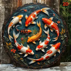 Vintage Japanese Koi Fish Leaping Dragon Gate Sign 8x8 Inch Round Decorative Plaque Seven Carp Colors Home Decor for Living Room Bedroom Office Study Dining Entrance Commercial Space Tea Room Hotel Lobby Aquarium Gift Elegant Serene Atmosphere Wa