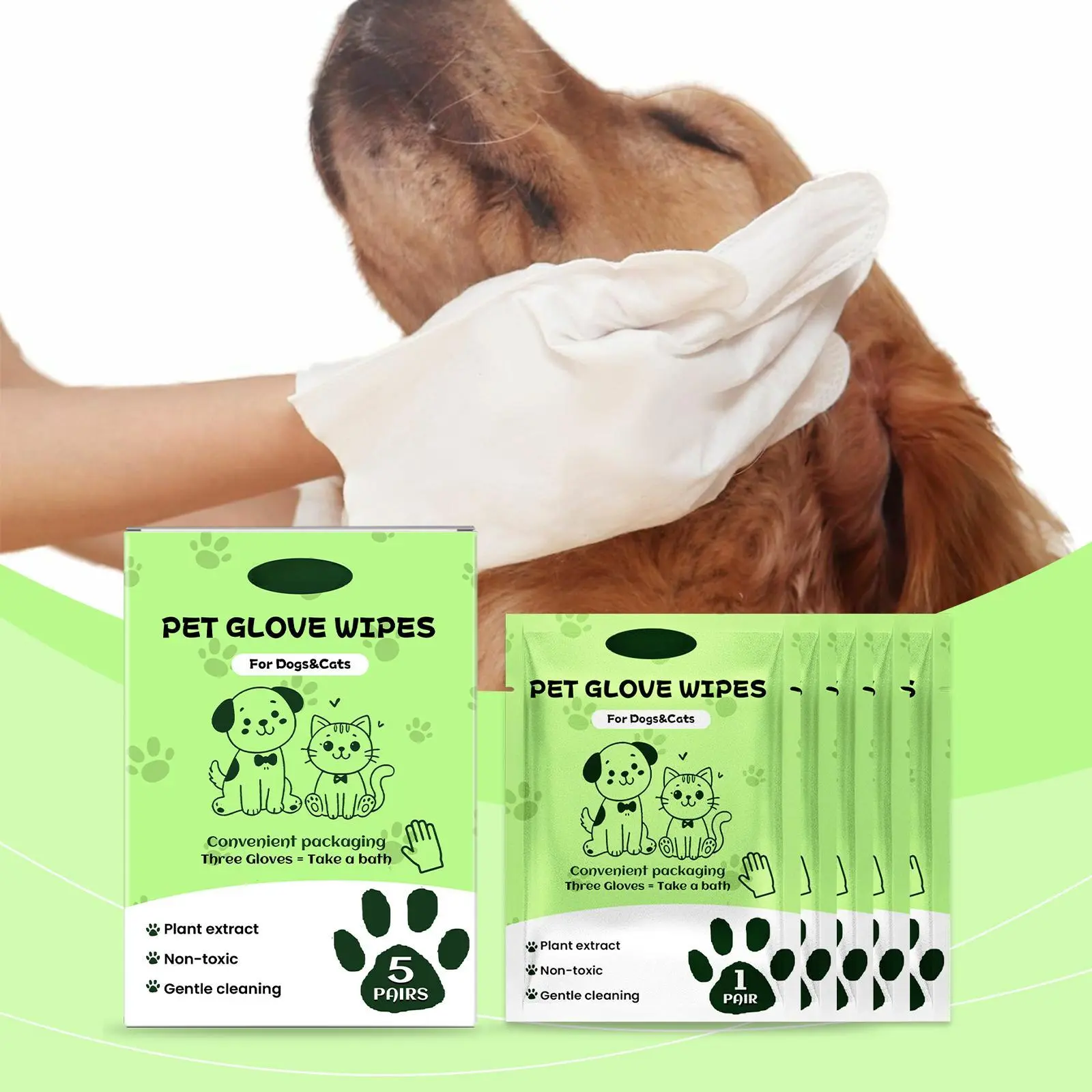 Pet Glove Wipes for Dogs and Cats – Quick Clean & Deodorizing Between Baths & Travel, 5PCS Rinse-Free Bathing Wipes with Soothing Oat Extract, Deodorizing Grooming Gloves for Paws, Fur, and Butt sohochic