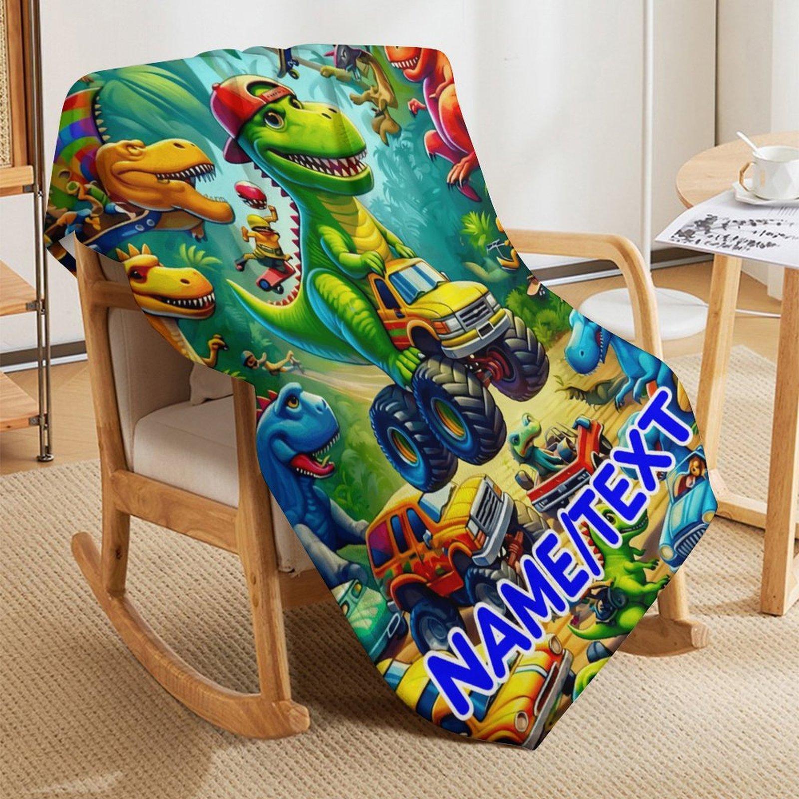 Custom Name Dinosaur & Car  Blanket ,Personalized Name Gift ,Suit for The Sofa, Bed, Travel, Camping, Living Room, Office, Chair，Gifts for Family or Child  ,Friend , Send your custom text via shop chat to personalize