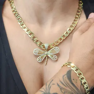 ViOrO 14K Gold Plated 8mm Cuban Link Chain with Bracelet and Zircon Dragonfly Pendant for Dairy Use. Electro Laminated Premium Jewelry