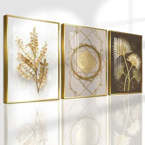 3 Count Aluminum Alloy Frame Canvas, Fashion Poster Golden Abstract Botanical Art, Modern Living Room Decoration, Light Luxury Family Art, Suitable For Bedroom, Corridor And Office Wall Decor, Gift