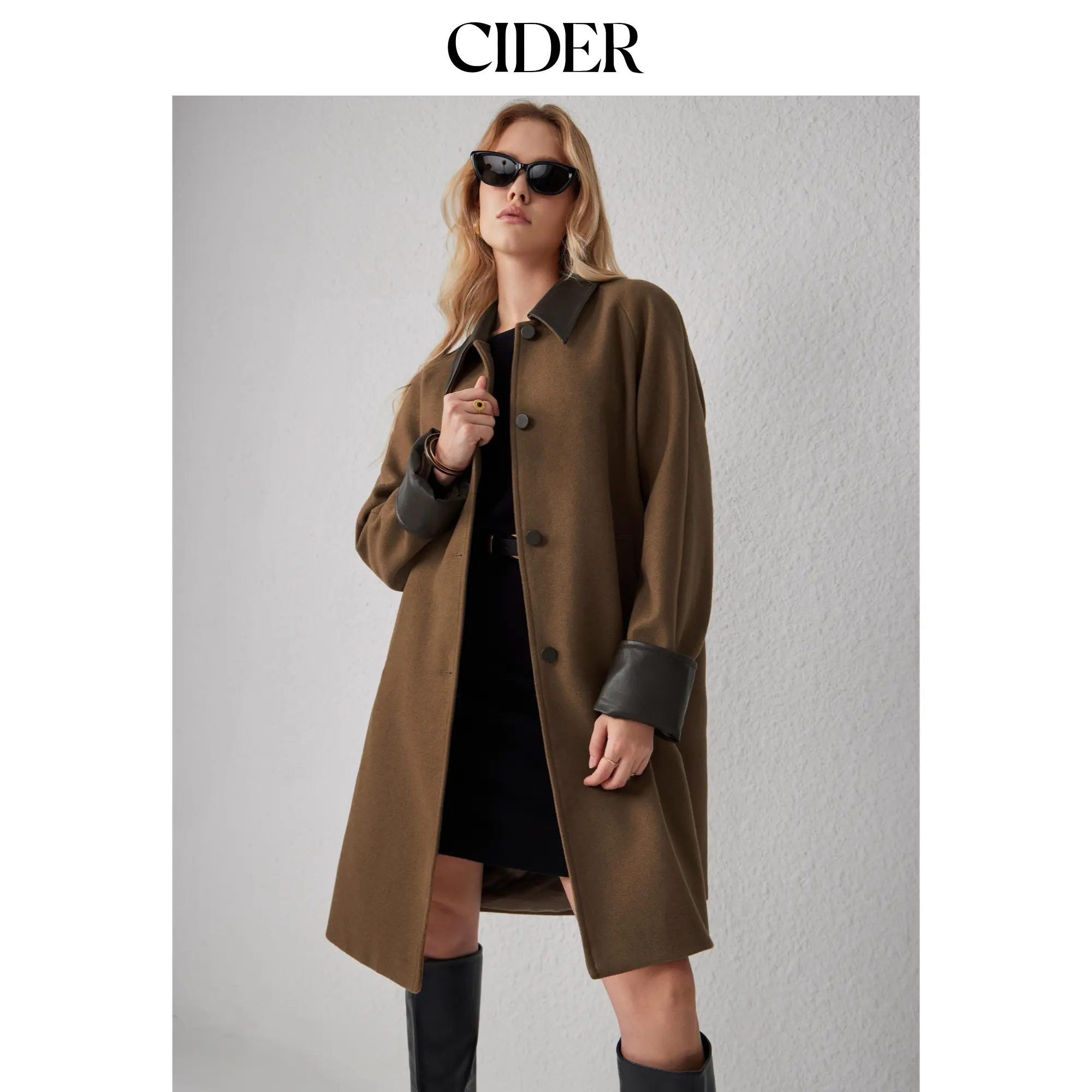 Cider [size 0-10] Faux Leather Contrasting Collar Long Barn Jacket