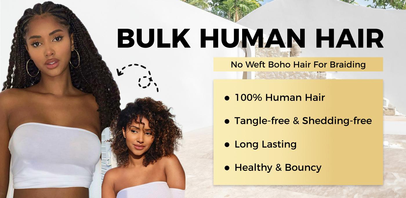 OQ HAIR Deep Wave Bulk Human Hair for Boho Braids 100% Virgin No Weft 3/5 Packs Natural Color