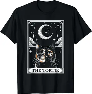 Cotton Graphic Tees Streetwear Tarot Card Vintage Crescent Moon Tortie Cat Mom Cat Lovers T-Shirt