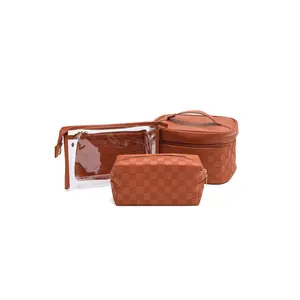 Subtly Checked Cosmetic Bags set of 4 in Brown