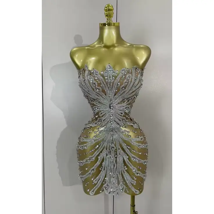 Women's Sleeveless Formal Strapless Shining Diamond Mesh Mini Dress - Lightweight, Seamless Piece, Sexy See-Through Garment