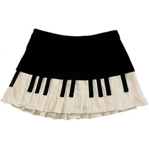 Women’s piano mini skirt, Y2K Harajuku dark aesthetic, comfortable, textured matte finish, black and white patchwork design