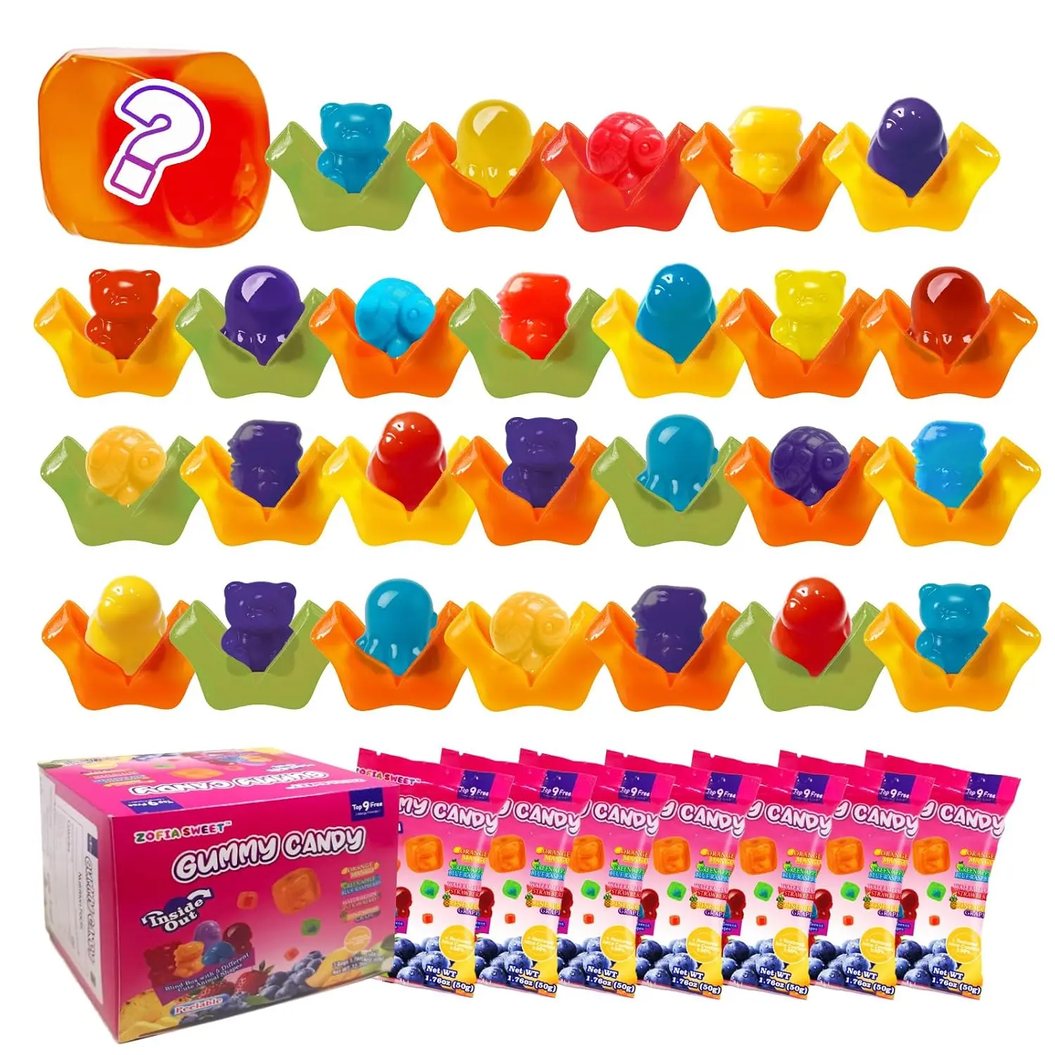 7 Packs Mystery Cube Peelable Gummy Candy, 8 Fruits + 8 Colors + 5 Animal Shapes Mixed Combination, Chewy Peeling Candy Gummy Cube Snacks Net 350g\/12.35oz Individually Wrapped, Real Fruit Juice (≥50%)